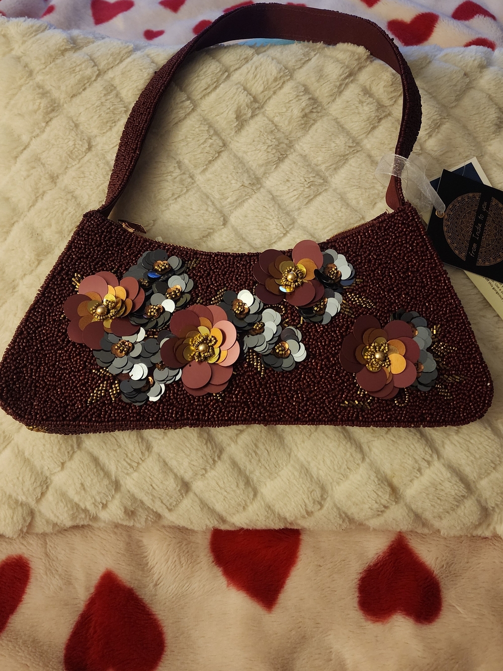 Embellished Burgundy Beaded Shoulder Bag